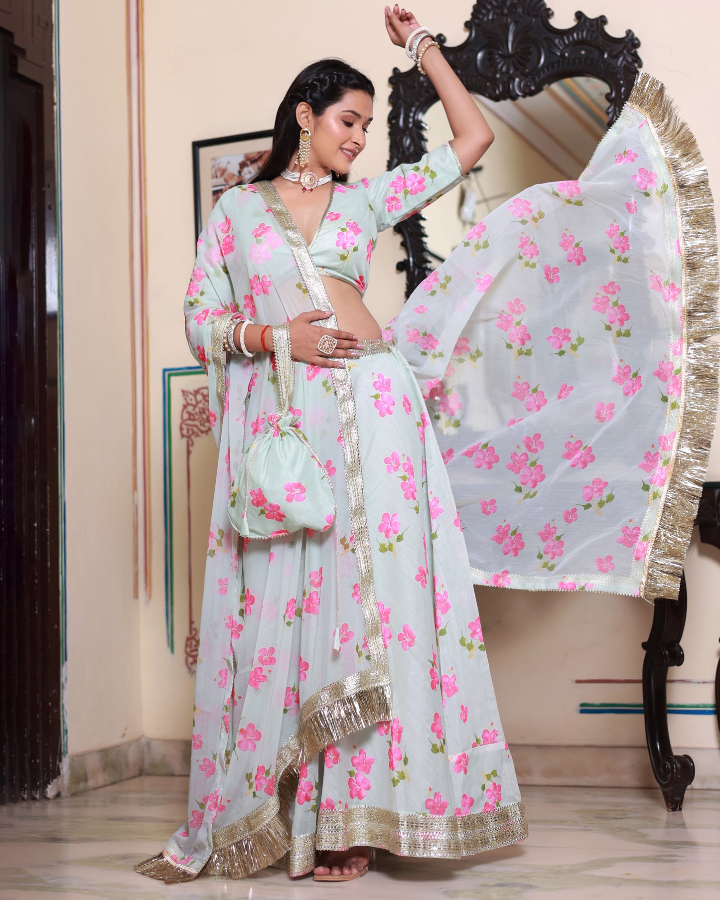 KALKI FLORAL PRINTED LENENGA SET