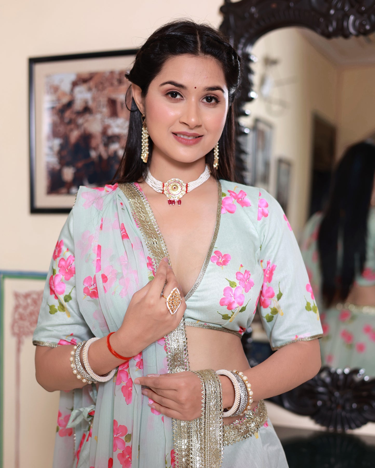 KALKI FLORAL PRINTED LENENGA SET