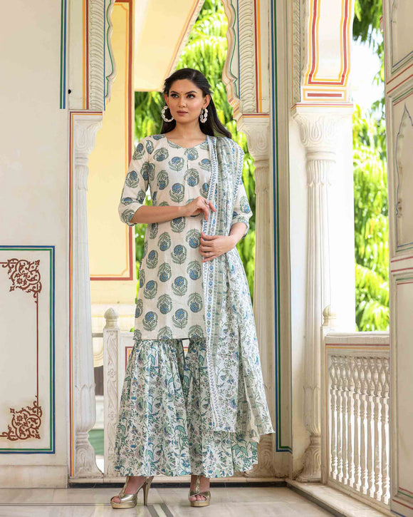Green Printed With Gota Work Pure Cotton Sharara Suit