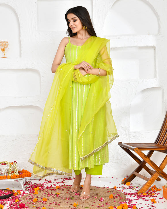 Lime Green Suit Set with Striped Dupatta – Amoli Clothing