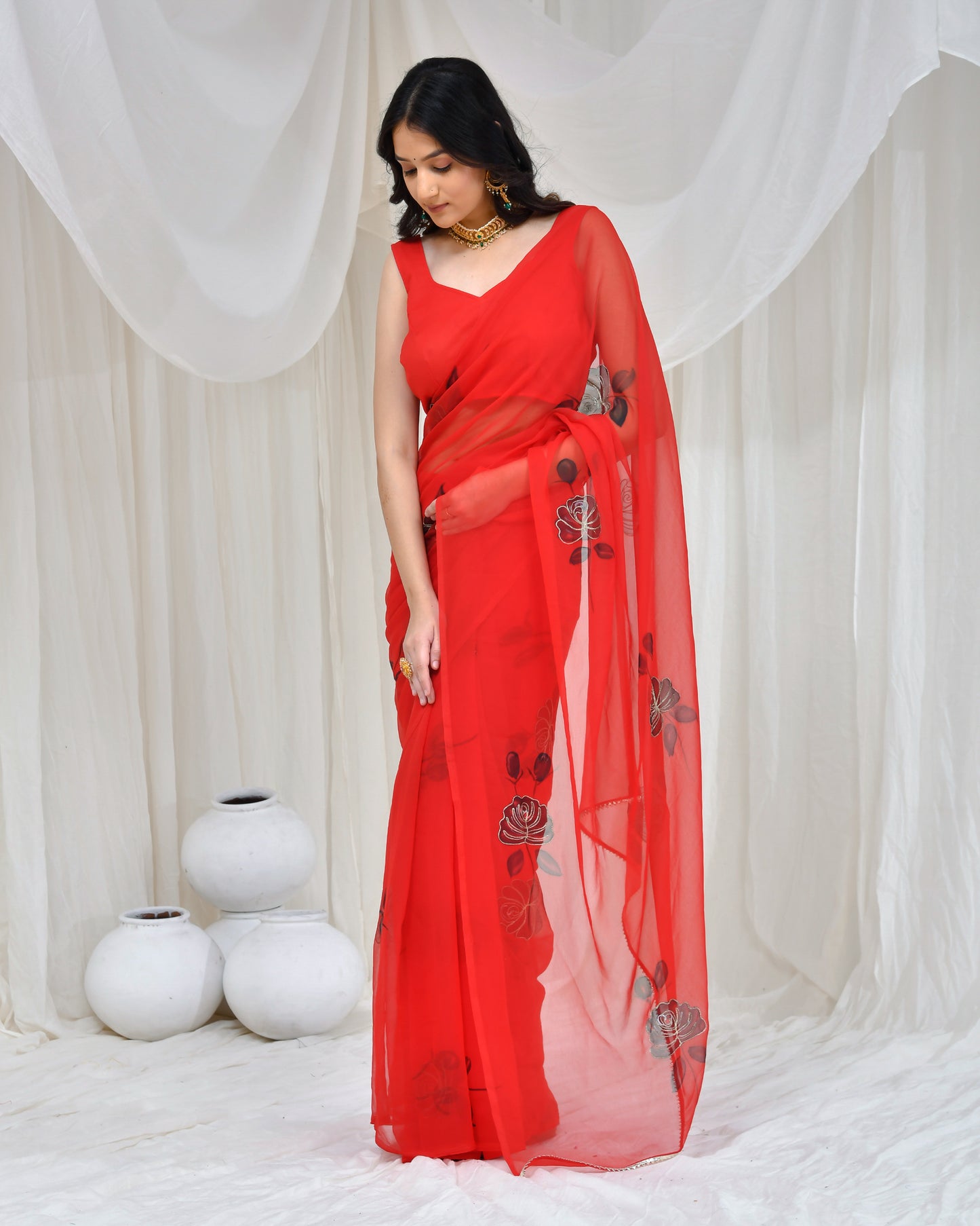 RED HAND PAINTED SAREE