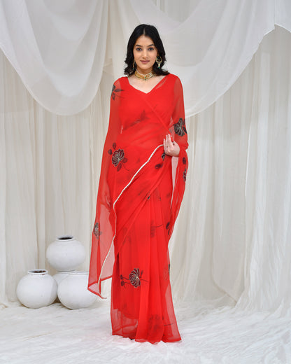 RED HAND PAINTED SAREE