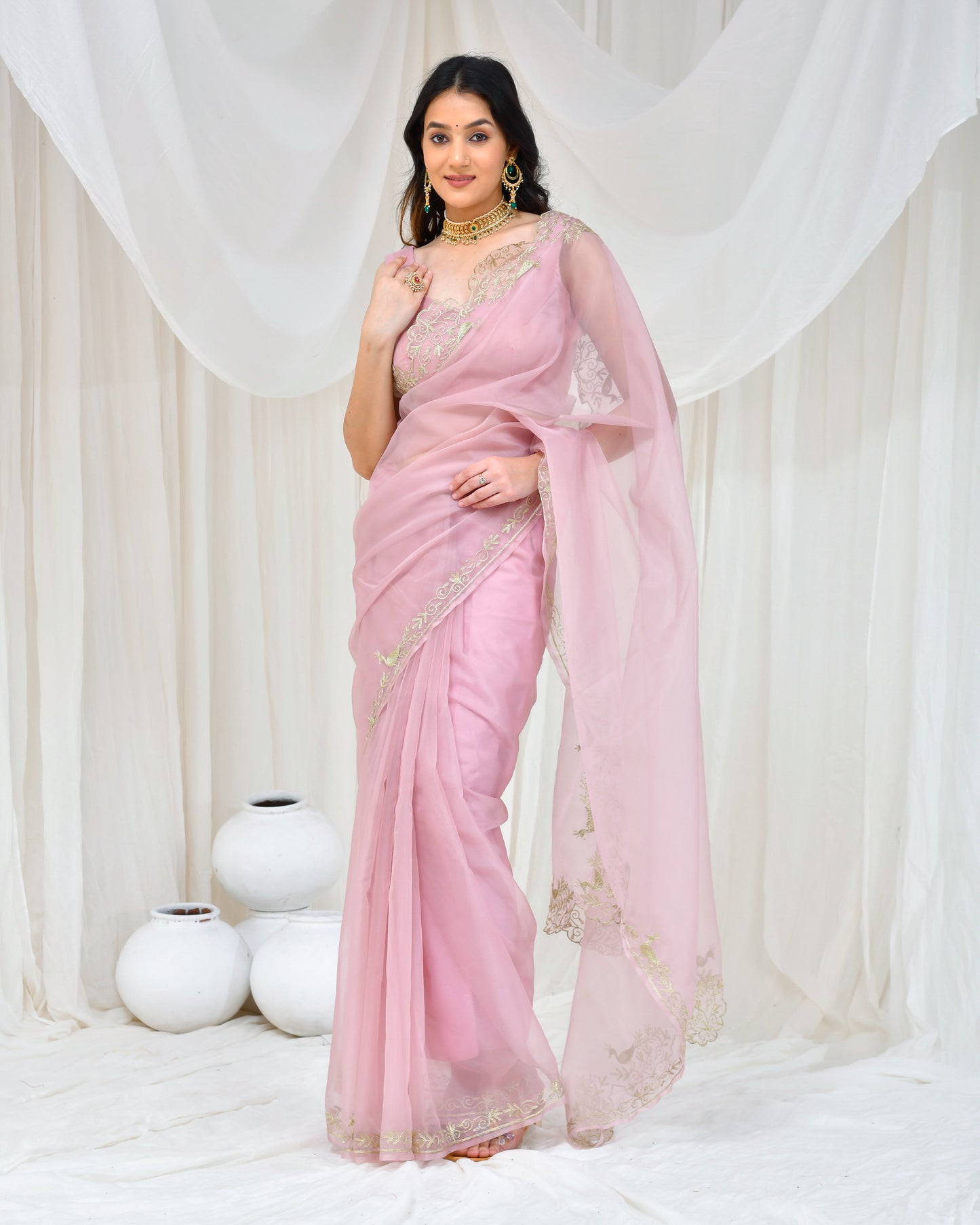 ROSE GOLD ORGANZA AARI EMBROIDERED SAREE