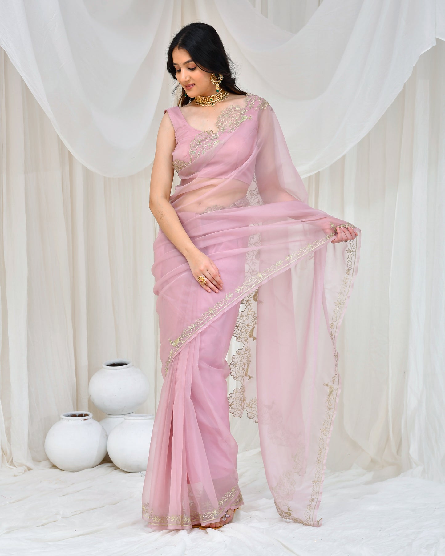 ROSE GOLD ORGANZA AARI EMBROIDERED SAREE