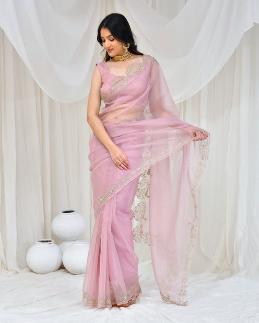 ROSE GOLD ORGANZA AARI EMBROIDERED SAREE