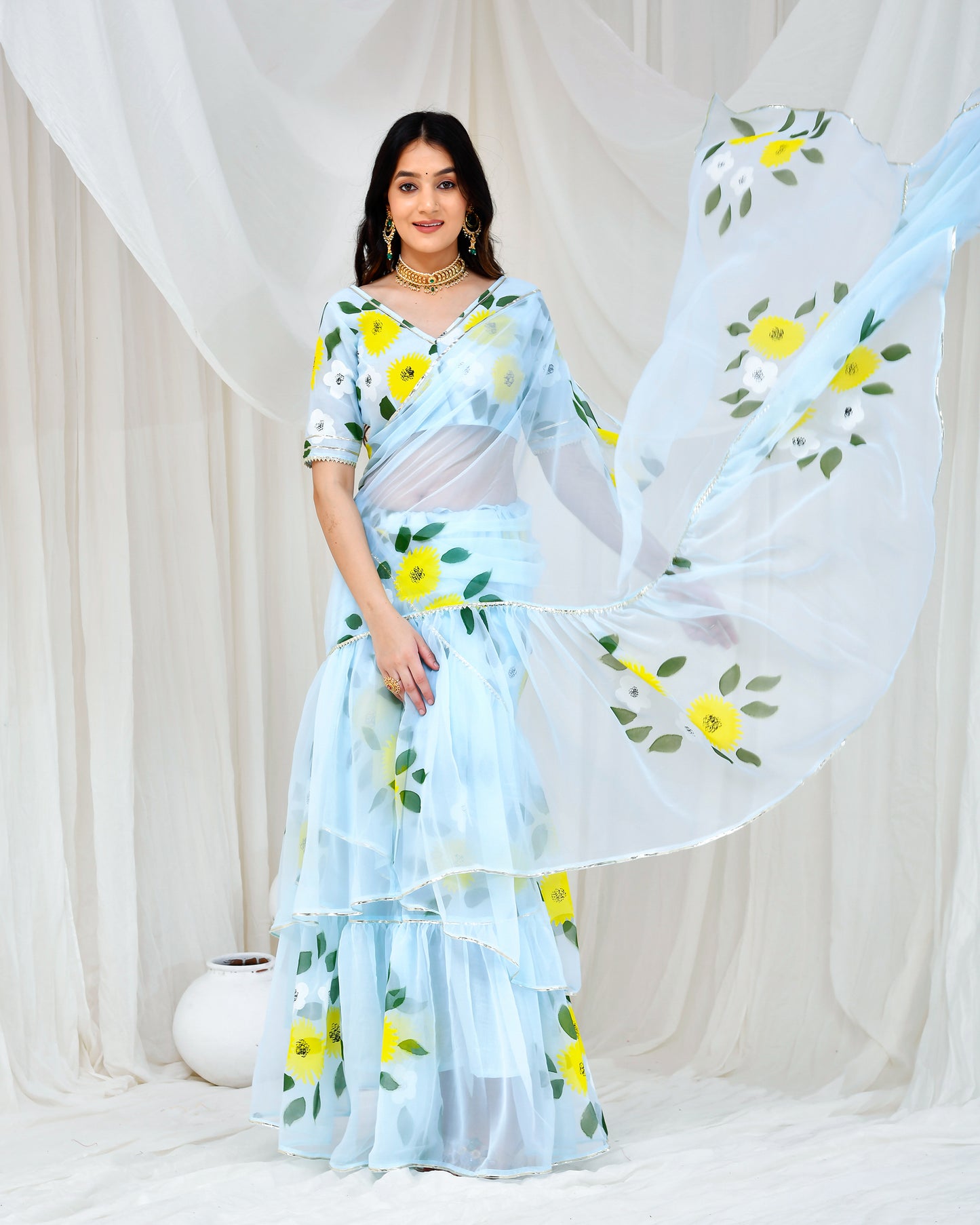 LIGHT BLUE HAND PAINTED DRAPED SAREE