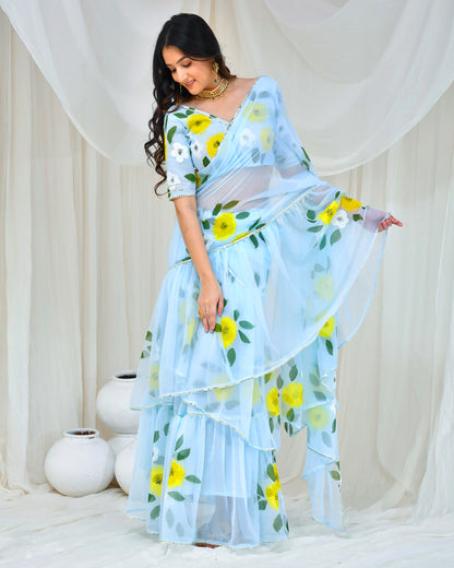 LIGHT BLUE HAND PAINTED DRAPED SAREE