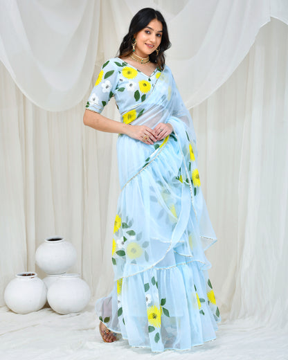 LIGHT BLUE HAND PAINTED DRAPED SAREE