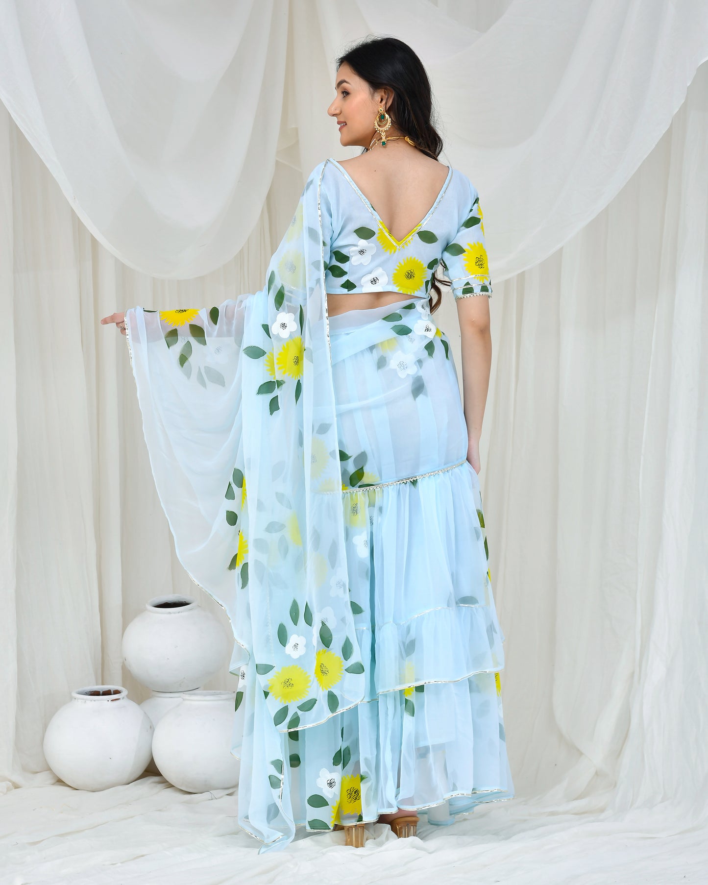 LIGHT BLUE HAND PAINTED DRAPED SAREE