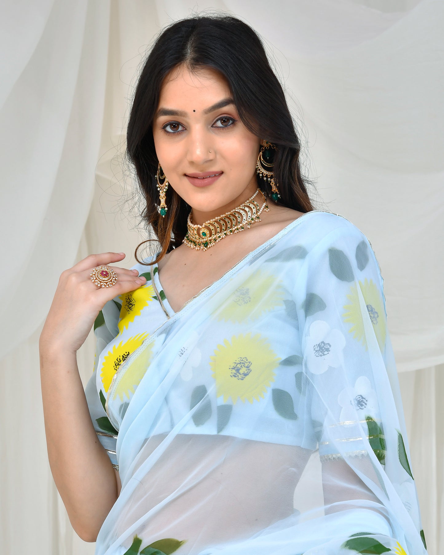 LIGHT BLUE HAND PAINTED DRAPED SAREE