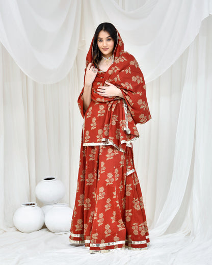 MAROON COTON PRINTED SKIRT SET