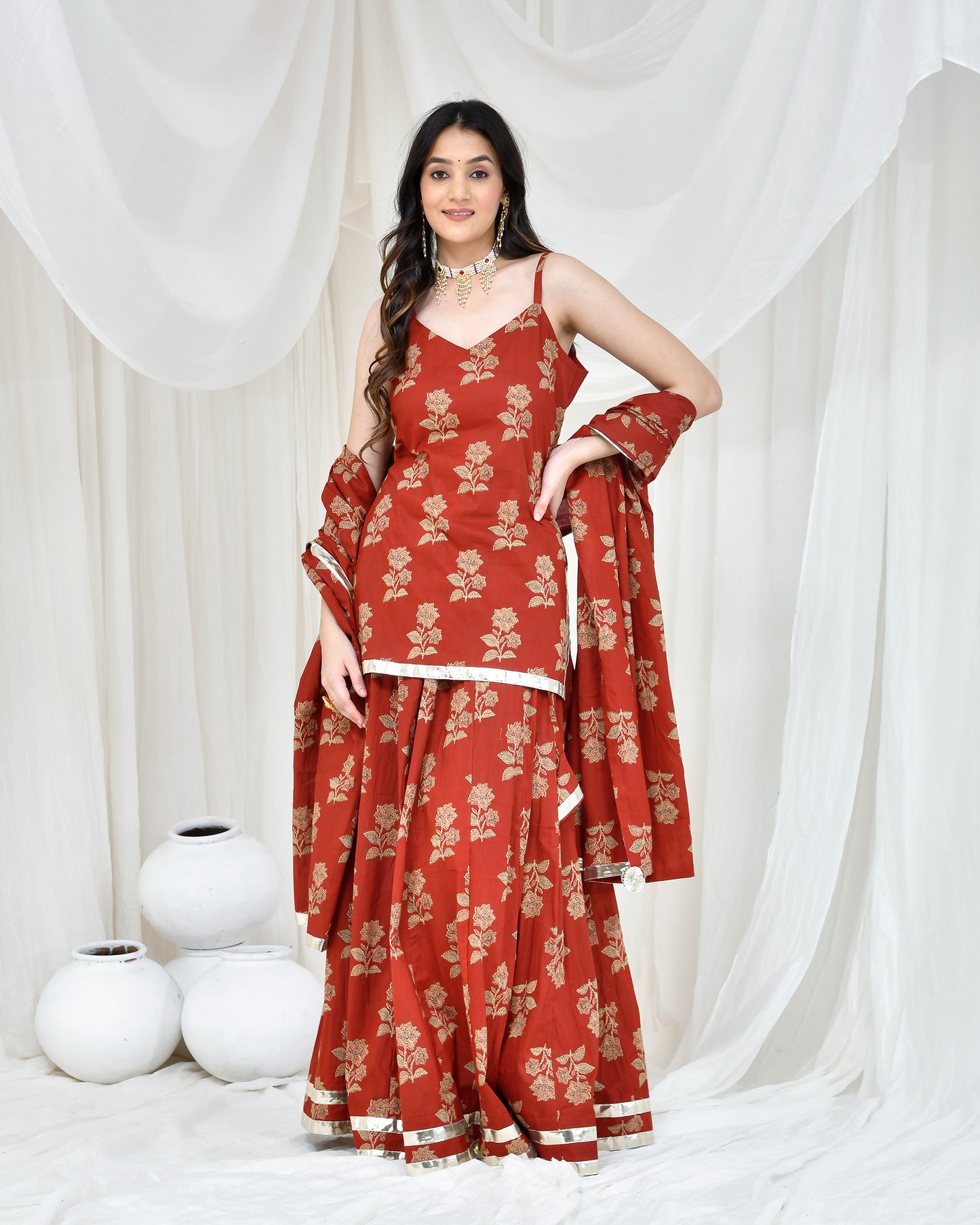 MAROON COTON PRINTED SKIRT SET