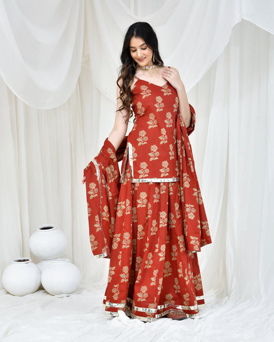 MAROON COTON PRINTED SKIRT SET