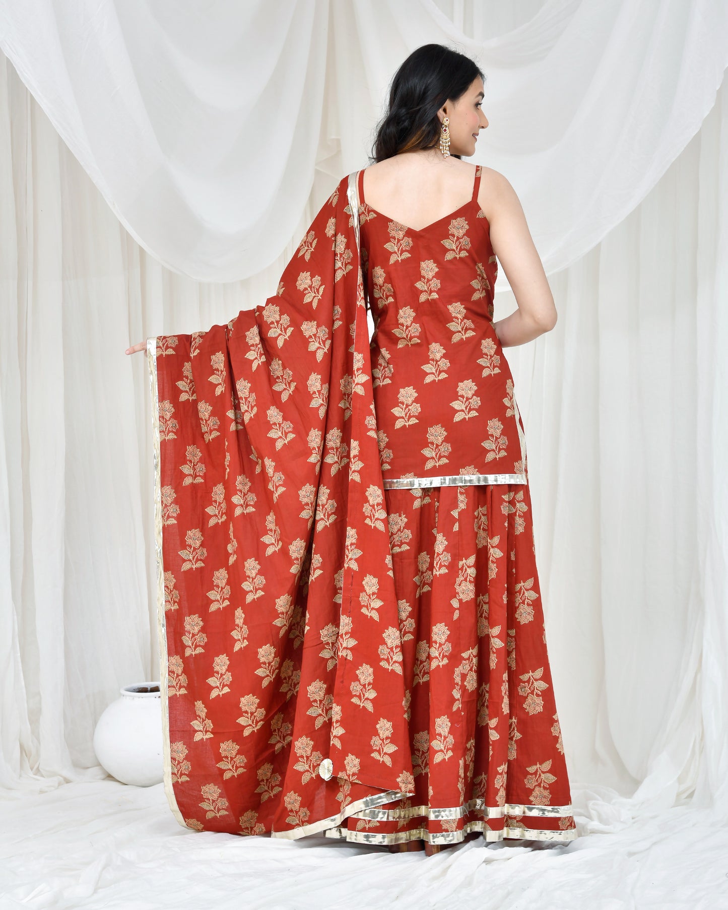 MAROON COTON PRINTED SKIRT SET