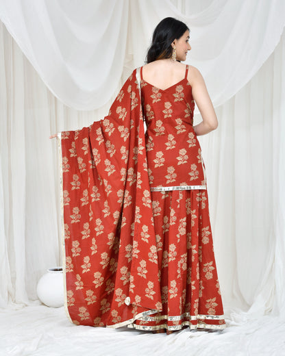 MAROON COTON PRINTED SKIRT SET