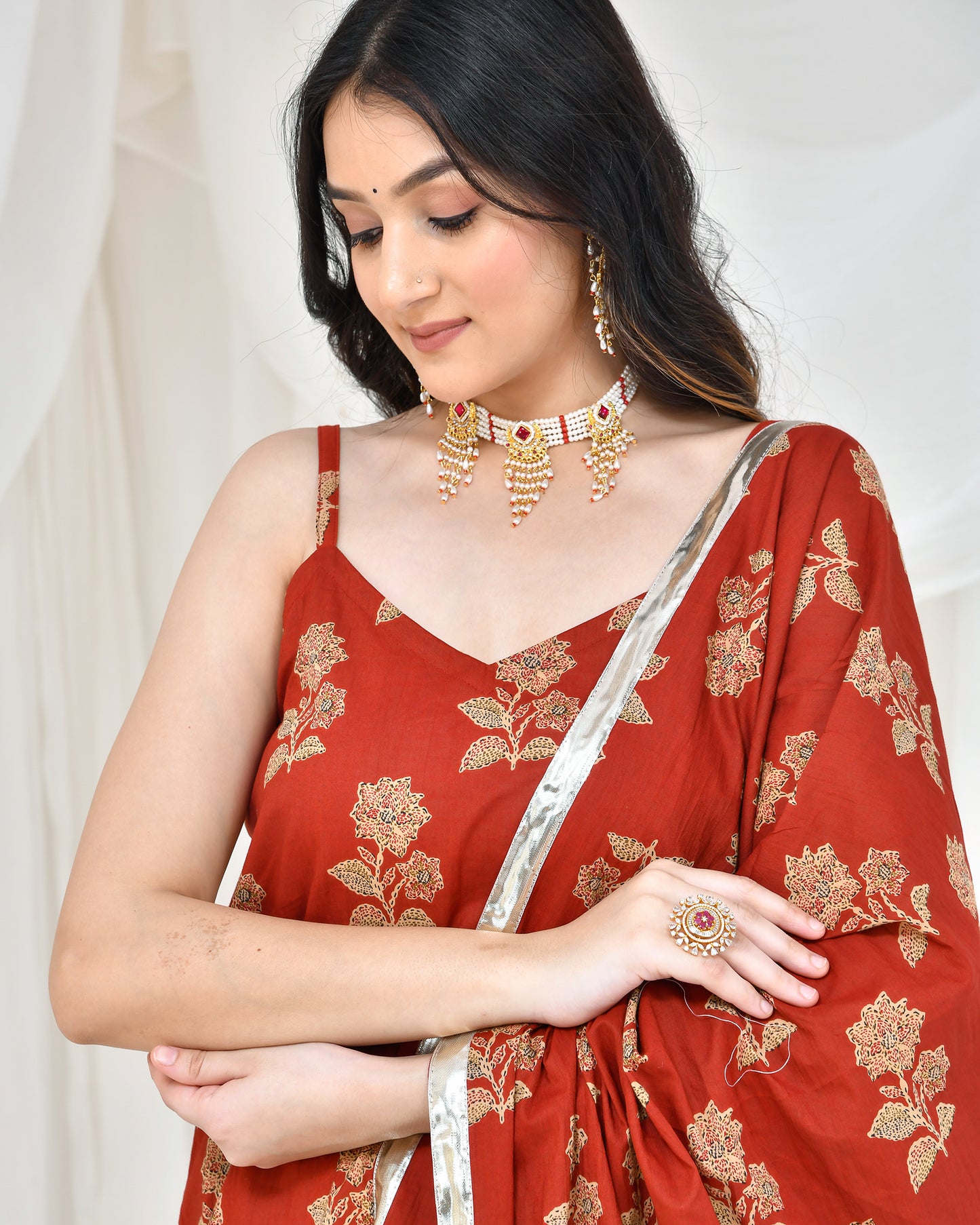 MAROON COTON PRINTED SKIRT SET