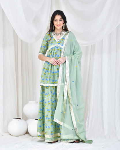 GREEN HAND BLOCK PRINTED SKIRT SET