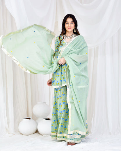 GREEN HAND BLOCK PRINTED SKIRT SET