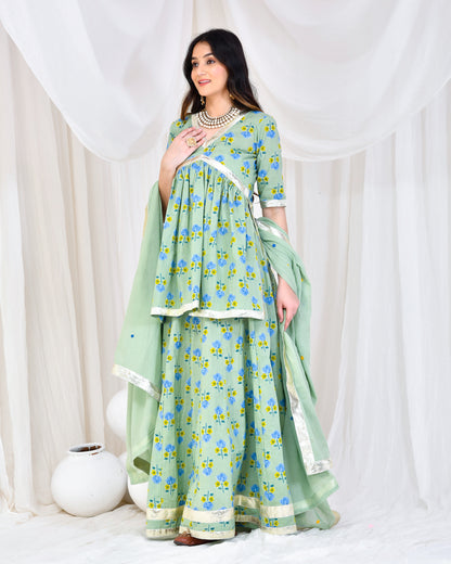 GREEN HAND BLOCK PRINTED SKIRT SET