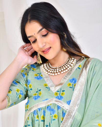 GREEN HAND BLOCK PRINTED SKIRT SET