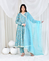 BLUE PRINTED COTTON ANARKALI SET