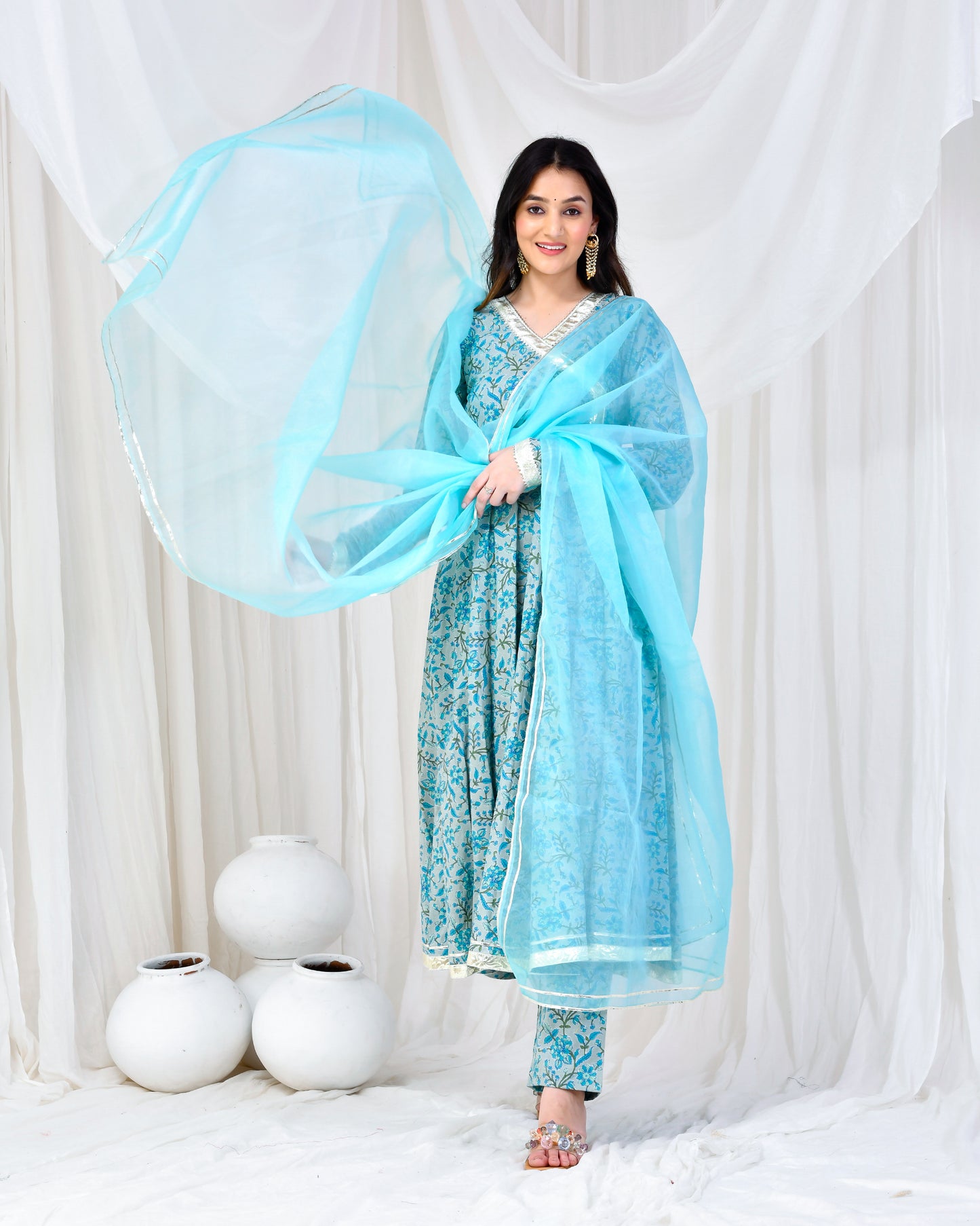 BLUE PRINTED COTTON ANARKALI SET