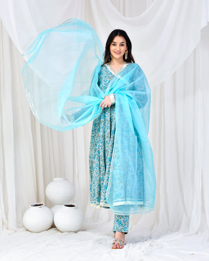 BLUE PRINTED COTTON ANARKALI SET