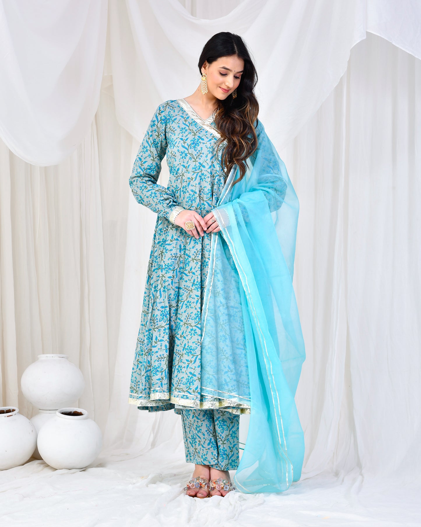 BLUE PRINTED COTTON ANARKALI SET