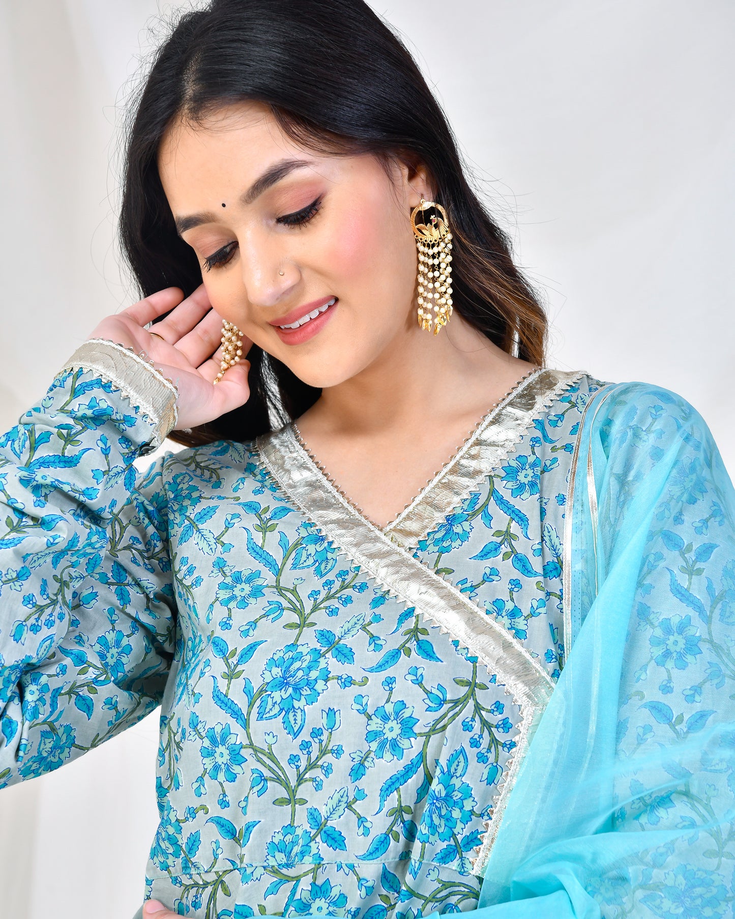 BLUE PRINTED COTTON ANARKALI SET