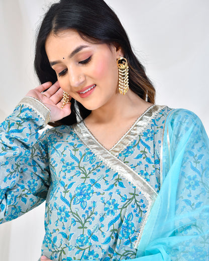 BLUE PRINTED COTTON ANARKALI SET