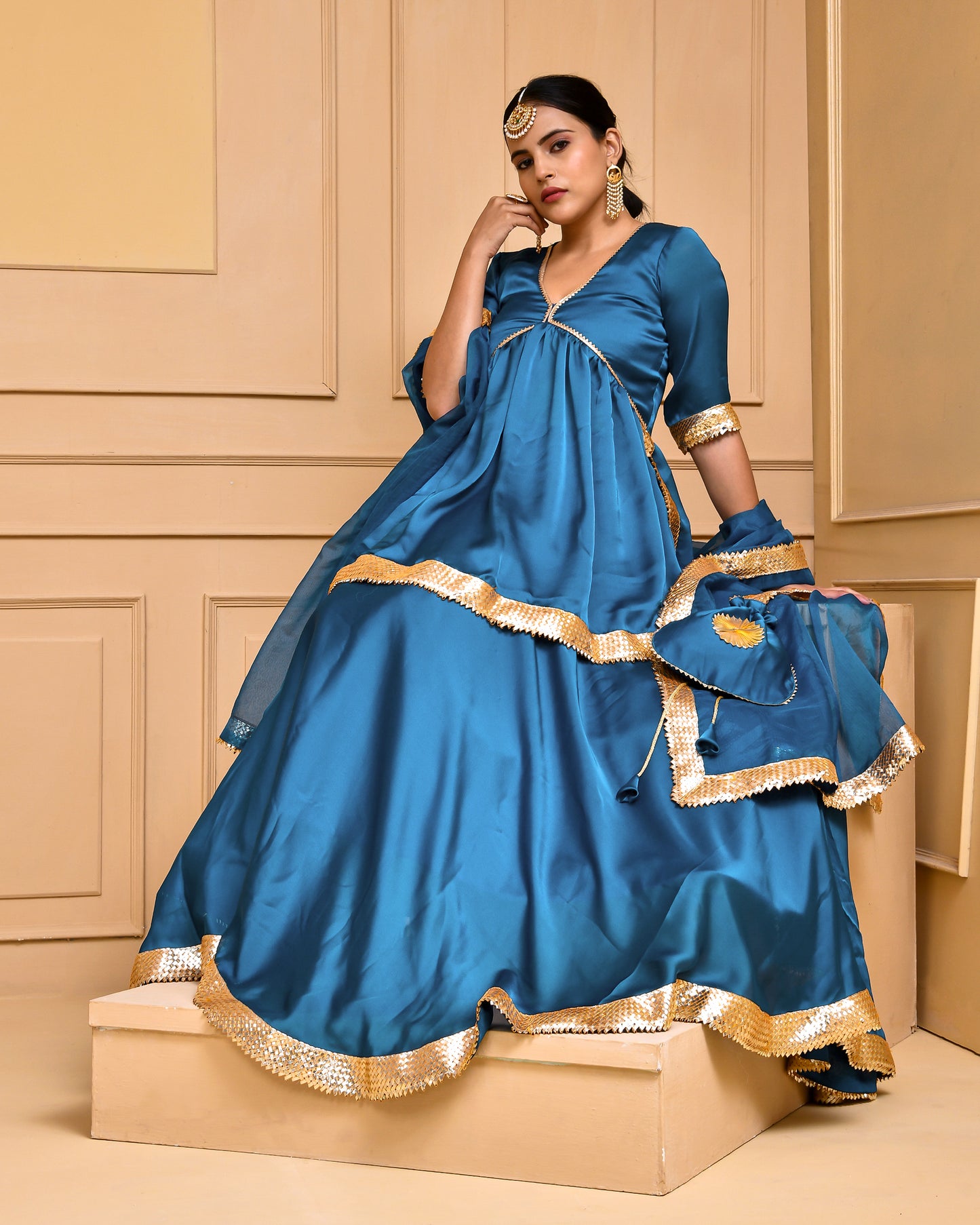TEAL GREEN SATIN SILK LEHENGA SET