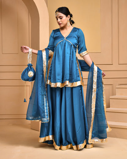 TEAL GREEN SATIN SILK LEHENGA SET