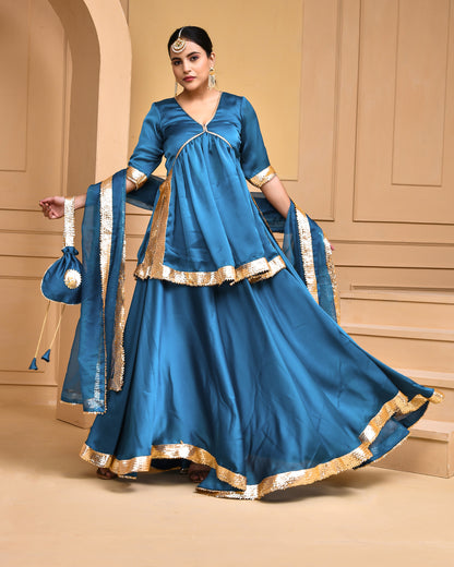TEAL GREEN SATIN SILK LEHENGA SET
