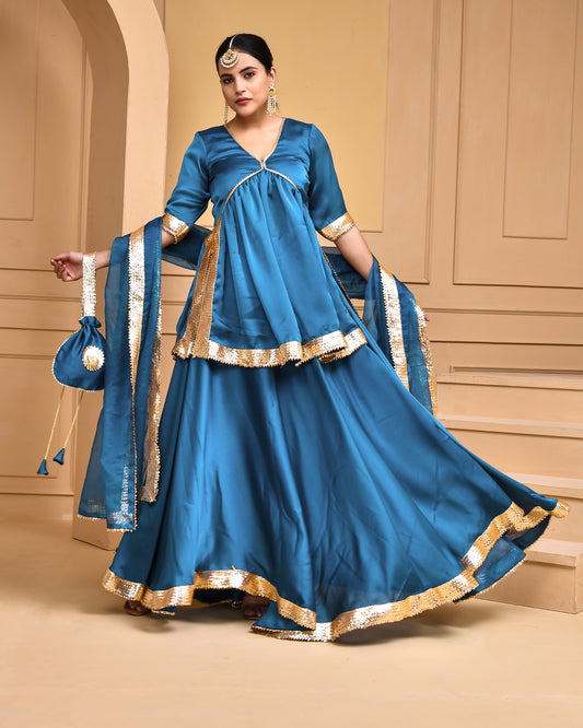 TEAL GREEN SATIN SILK LEHENGA SET