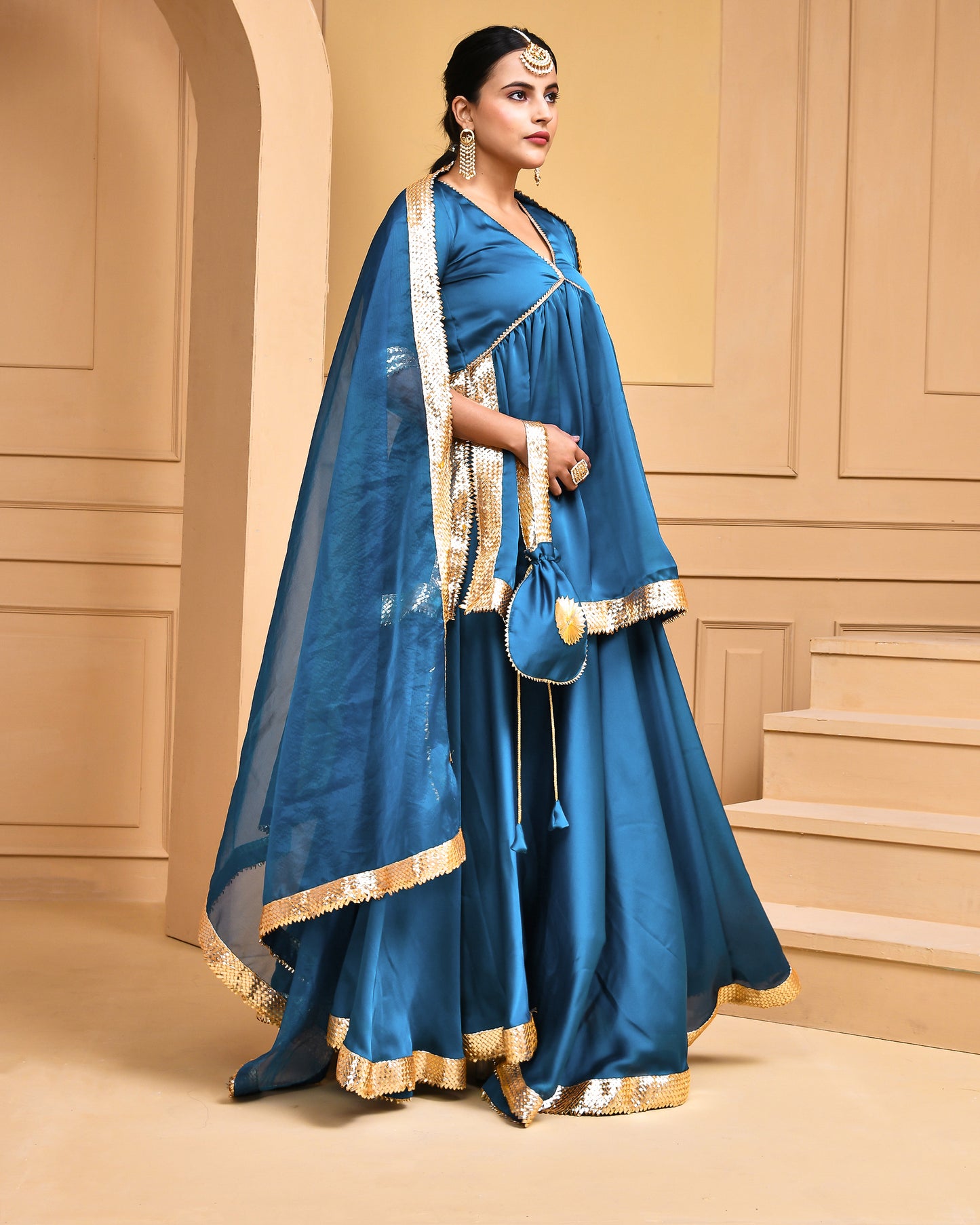 TEAL GREEN SATIN SILK LEHENGA SET