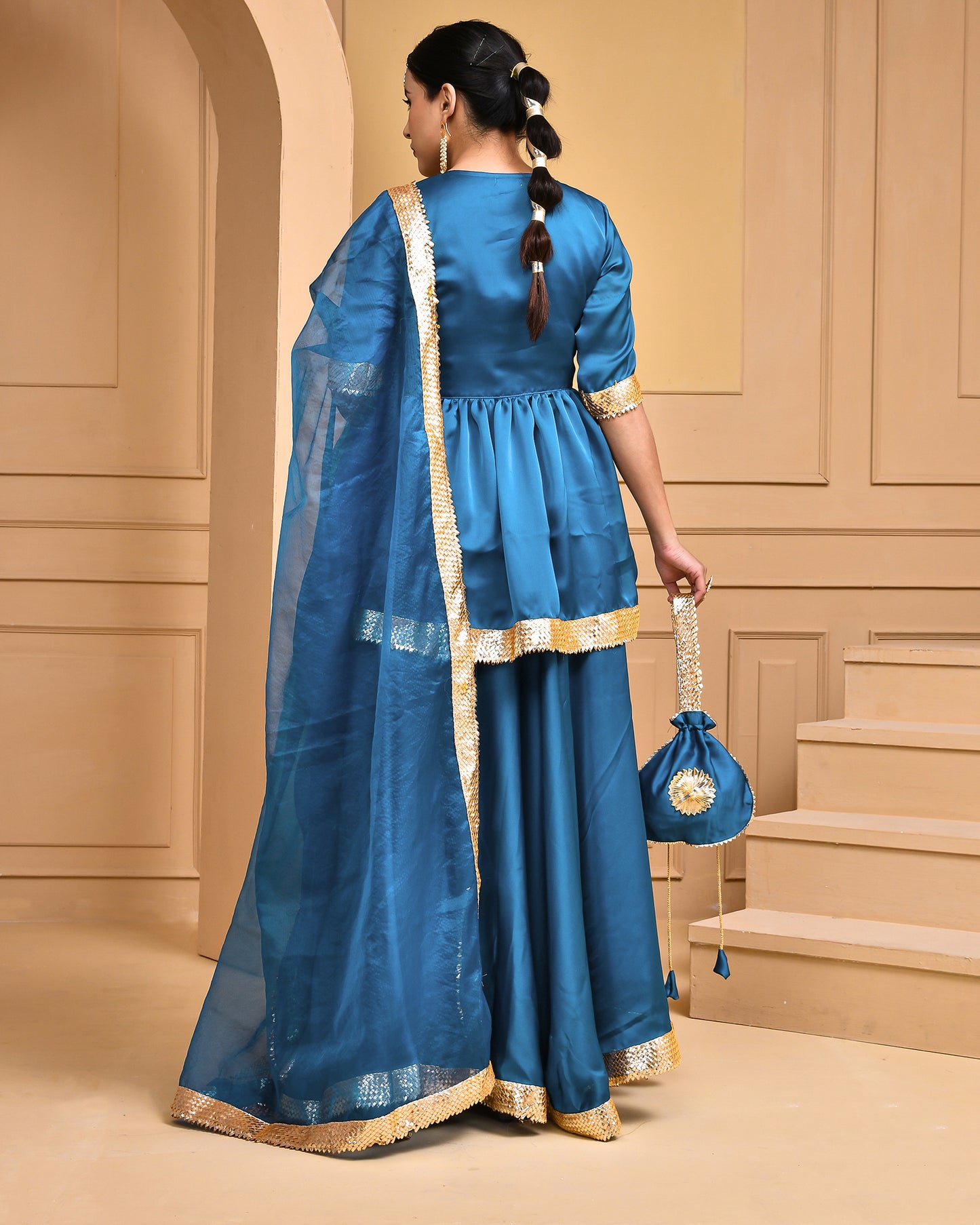 TEAL GREEN SATIN SILK LEHENGA SET