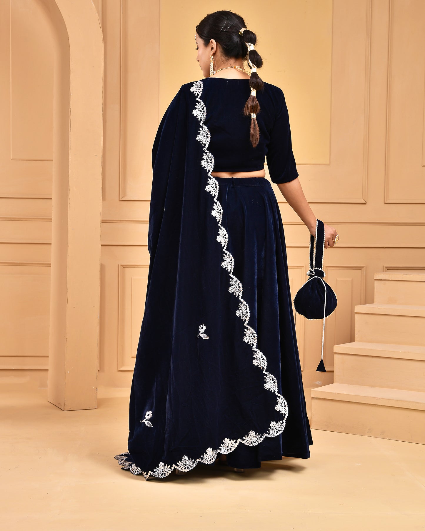 MIDNIGHT BLUE VELVET LEHENGA SET