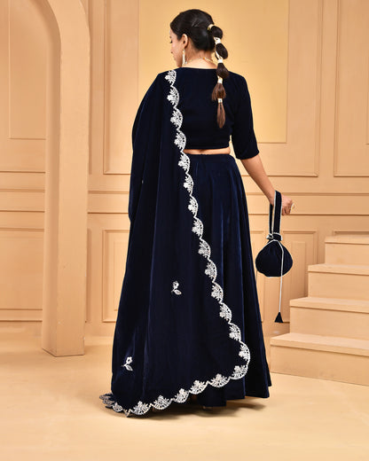 MIDNIGHT BLUE VELVET LEHENGA SET
