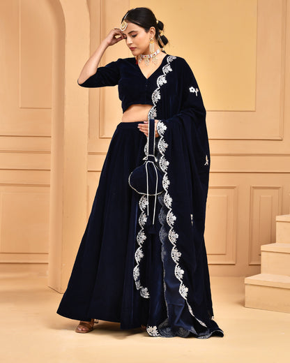 MIDNIGHT BLUE VELVET LEHENGA SET
