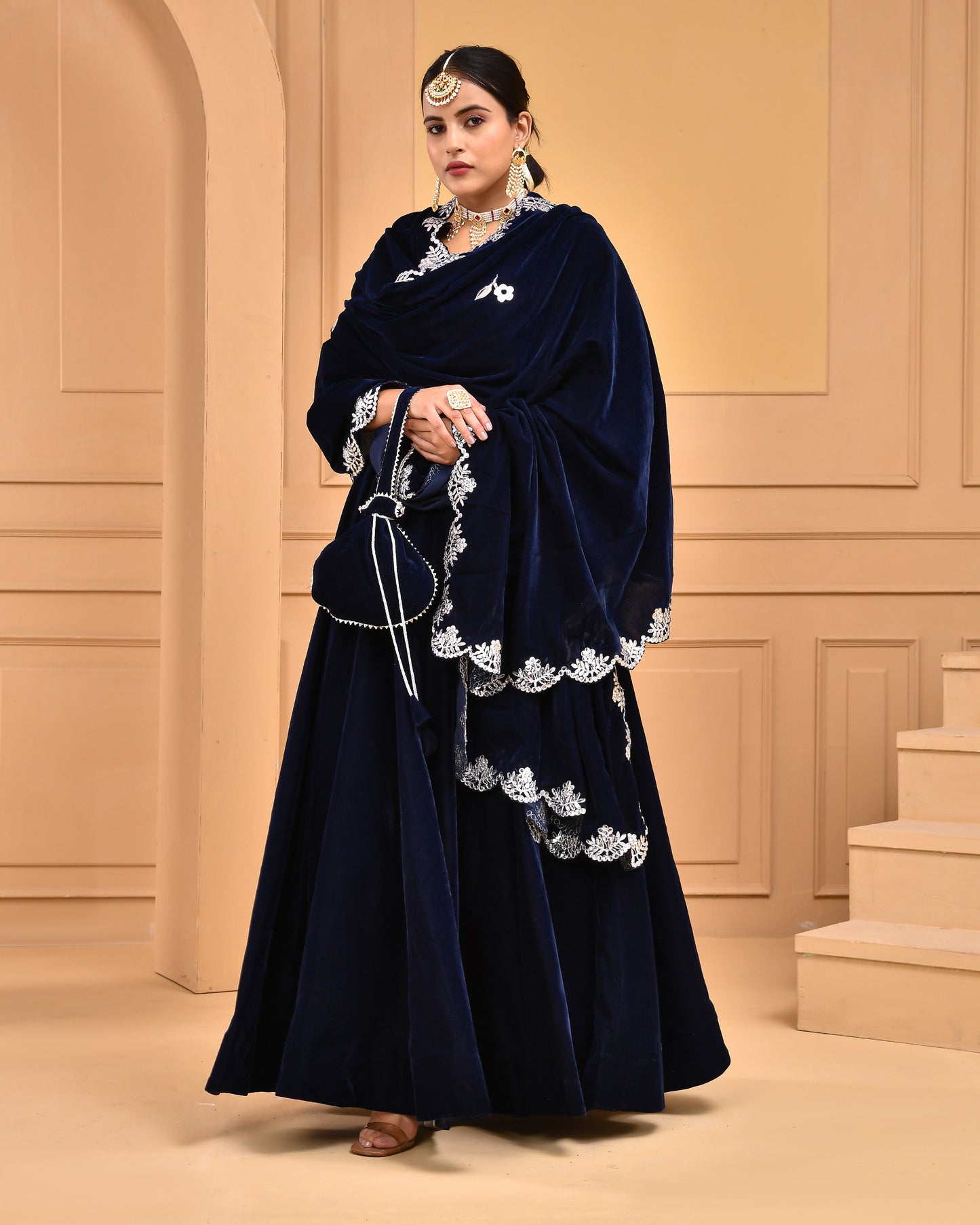 MIDNIGHT BLUE VELVET LEHENGA SET