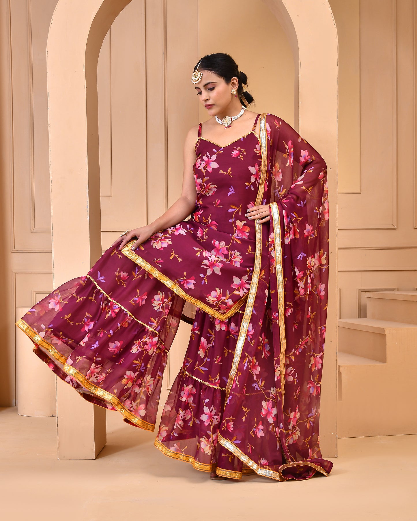 MAUVE PRINTED CHIFFON  SHARARA SET