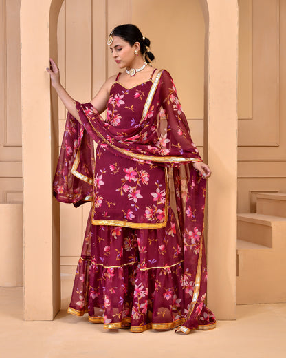 MAUVE PRINTED CHIFFON  SHARARA SET