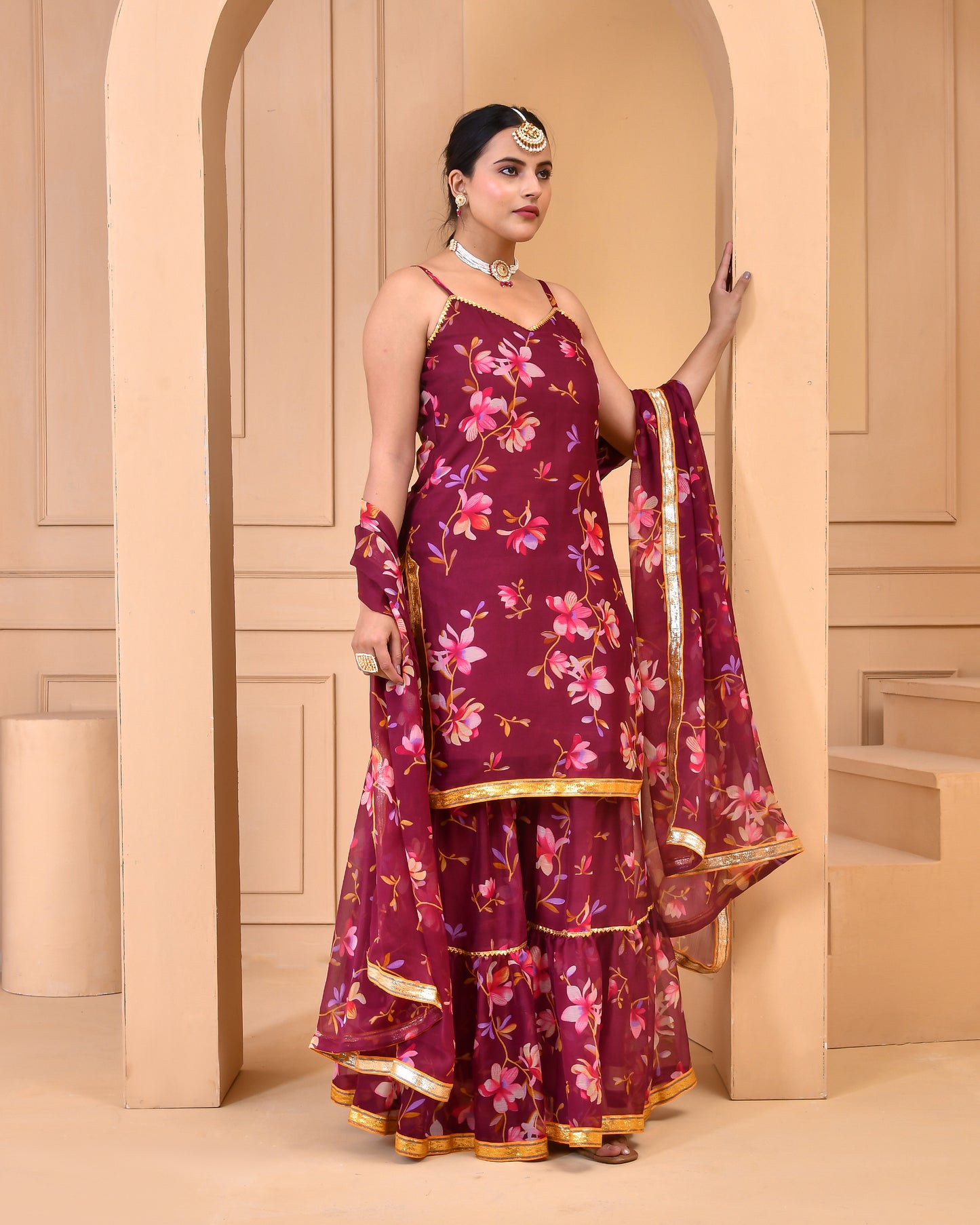 MAUVE PRINTED CHIFFON  SHARARA SET