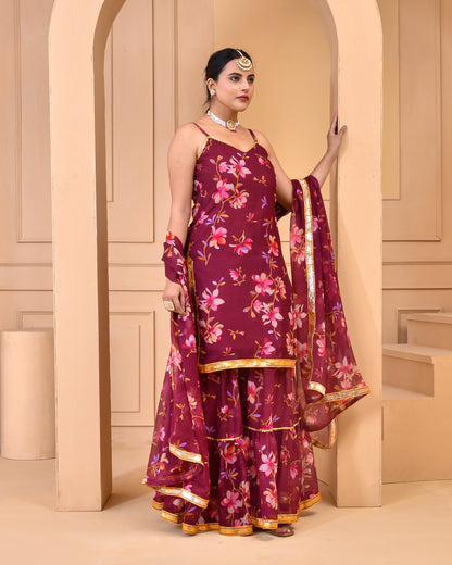 MAUVE PRINTED CHIFFON  SHARARA SET
