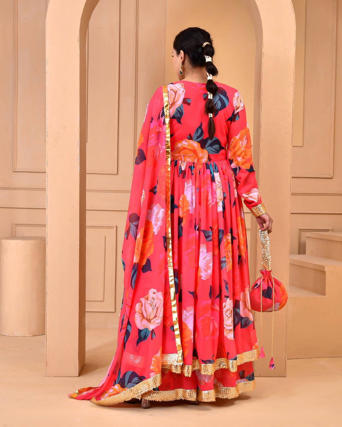 CORAL PRINTED GEORGETTE SHARARA SET