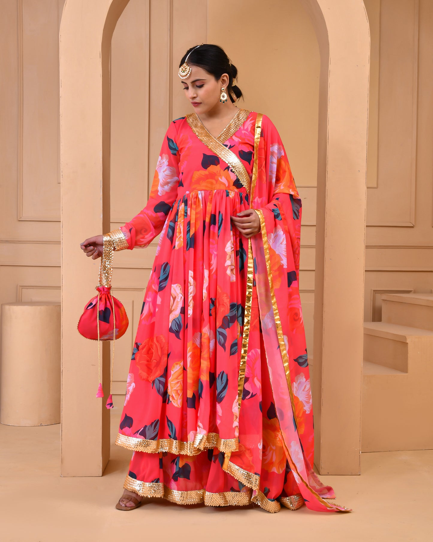 CORAL PRINTED GEORGETTE SHARARA SET