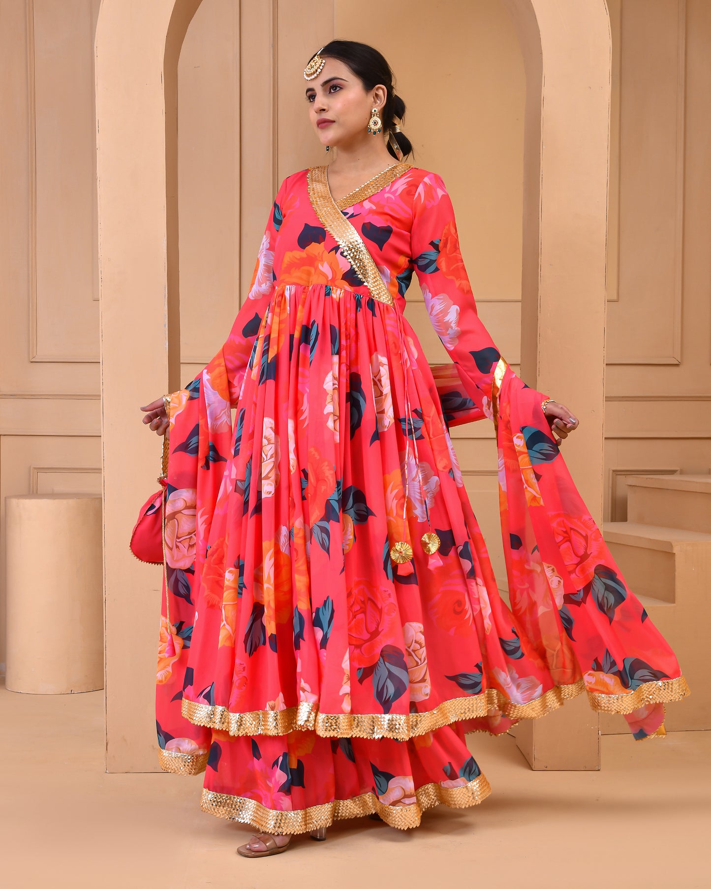 CORAL PRINTED GEORGETTE SHARARA SET