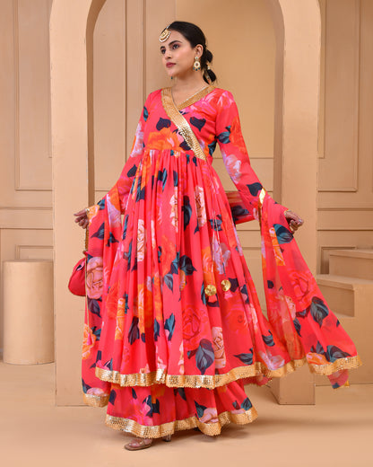 CORAL PRINTED GEORGETTE SHARARA SET