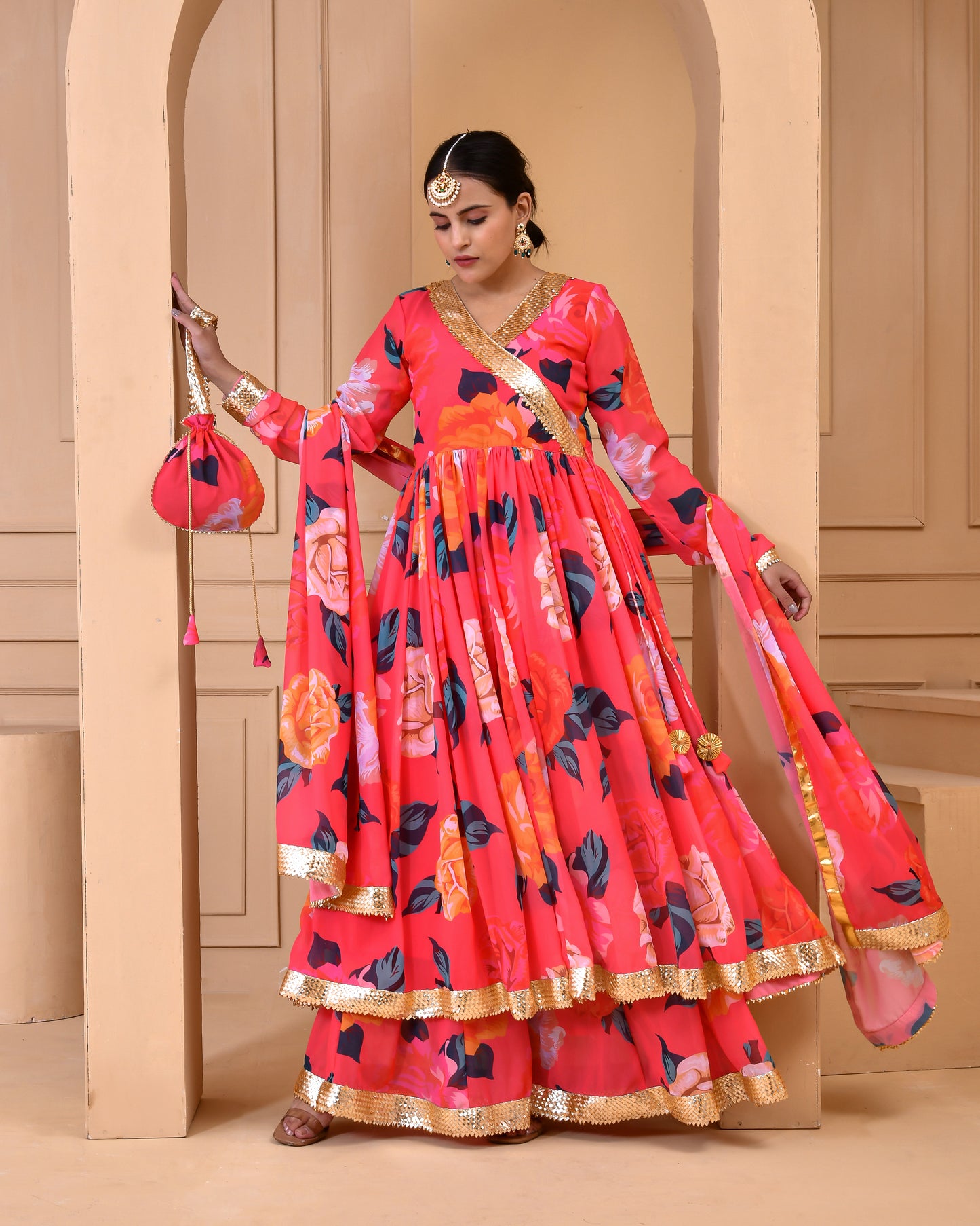 CORAL PRINTED GEORGETTE SHARARA SET