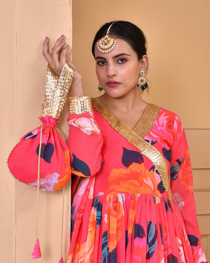 CORAL PRINTED GEORGETTE SHARARA SET